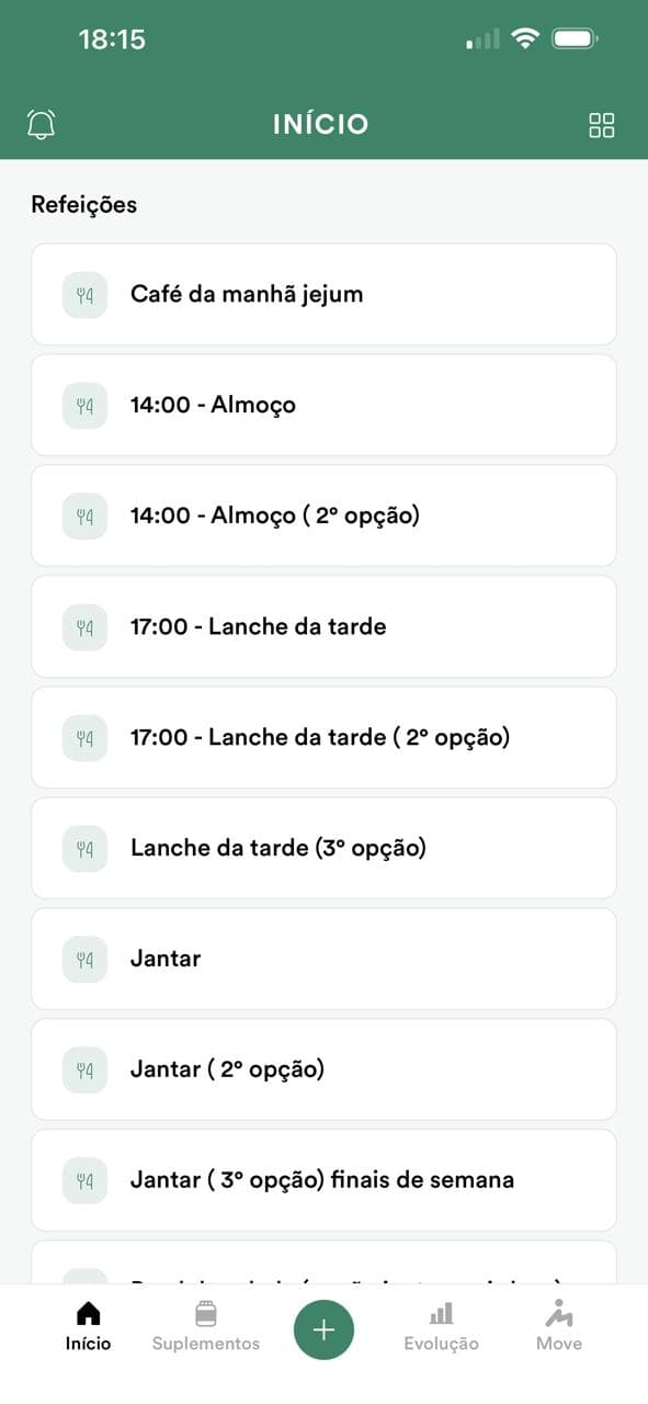 Tela do WebDiet com o plano de refeições diário